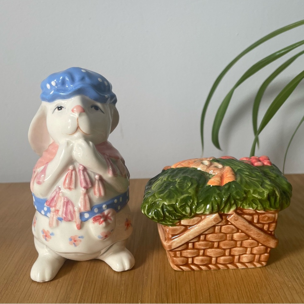 Vintage Ceramic Bunny Rabbit with Vegetable Basket Salt and Pepper Shakers